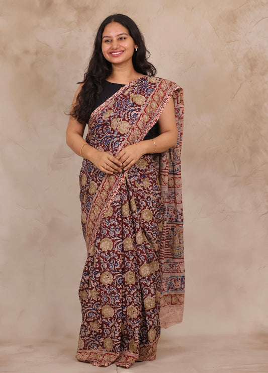 Maroon Hand Block Printed Kalamkari Chennur Silk Saree