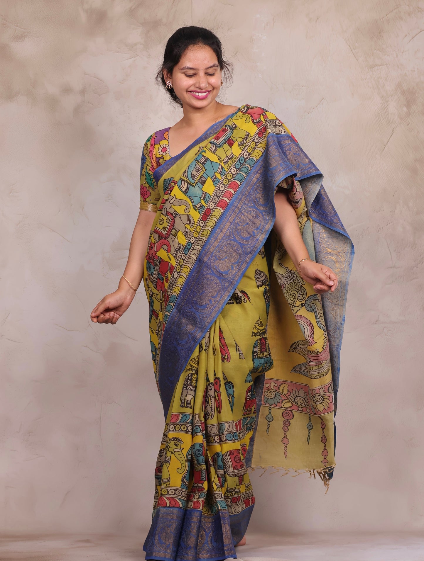 Hand Drawn Pen Kalamkari Parrot Green And Blue Bangalore Silk Kanchi Border Saree