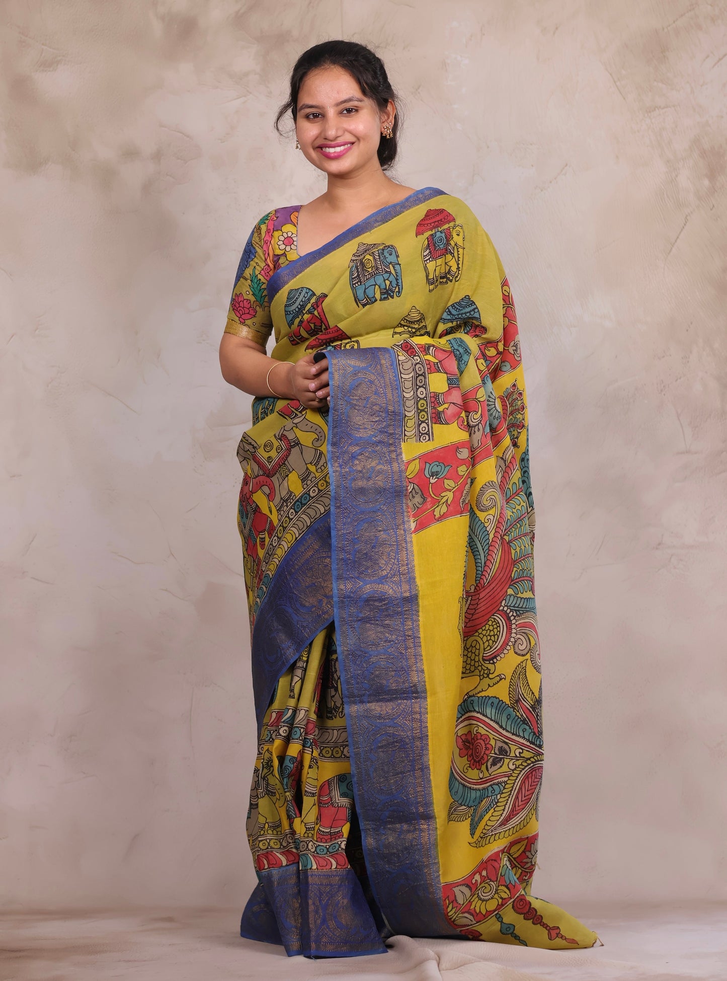 Hand Drawn Pen Kalamkari Parrot Green And Blue Bangalore Silk Kanchi Border Saree