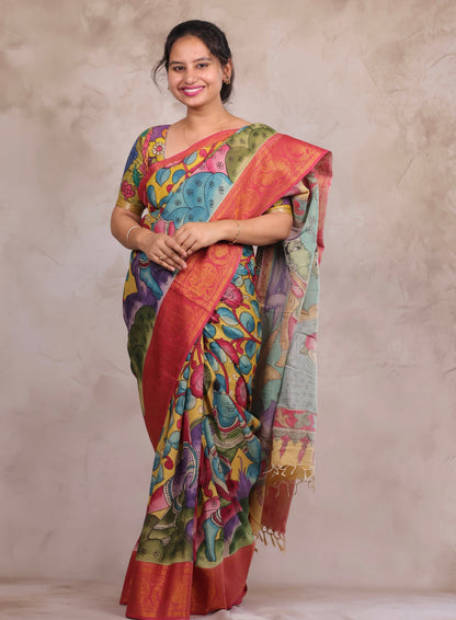 Hand Drawn Pen Kalamkari Yellow And Red's pink Bangalore Silk Kanchi Border Saree