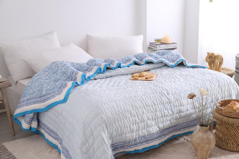 Blue Bird Floral Print Reversible Indian Jaipuri Cotton Razai