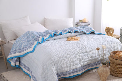 Blue Bird Floral Print Reversible Indian Jaipuri Cotton Razai