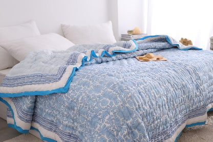 Blue Bird Floral Print Reversible Indian Jaipuri Cotton Razai