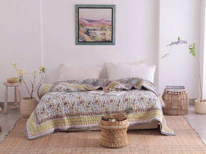 Purple Brid Print Indian Jaipuri Reversible Winter Hand Block Cotton Razai