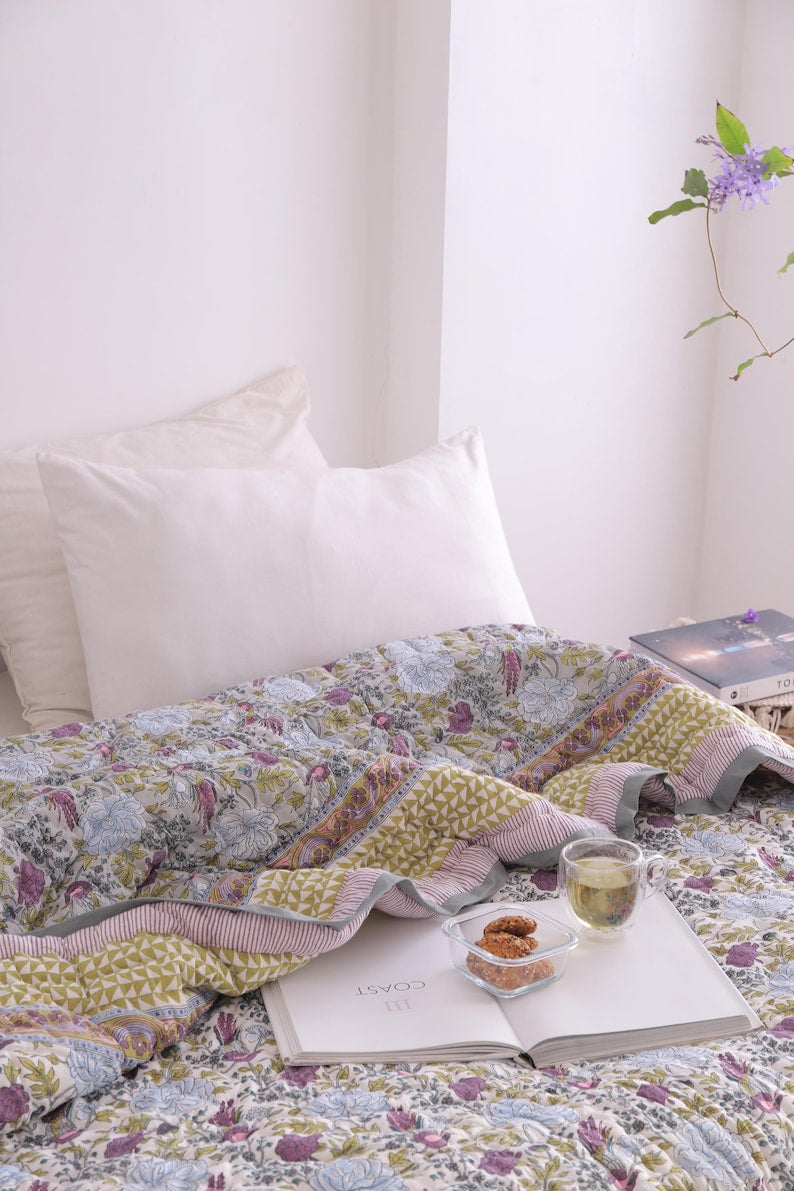 Purple Brid Print Indian Jaipuri Reversible Winter Hand Block Cotton Razai