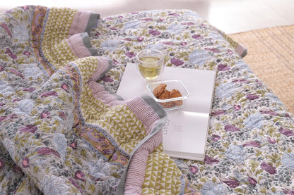 Purple Brid Print Indian Jaipuri Reversible Winter Hand Block Cotton Razai