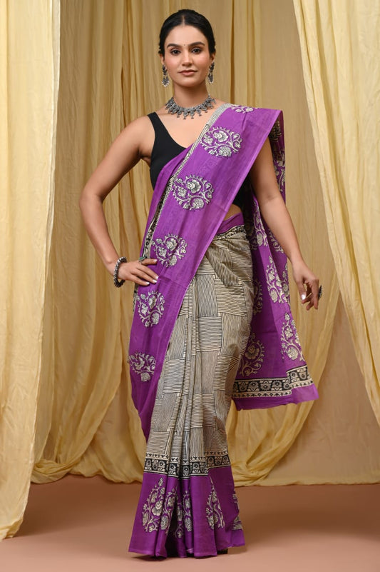 Premium Mul Cotton Hand Block Printed Saree With Blouse Piece