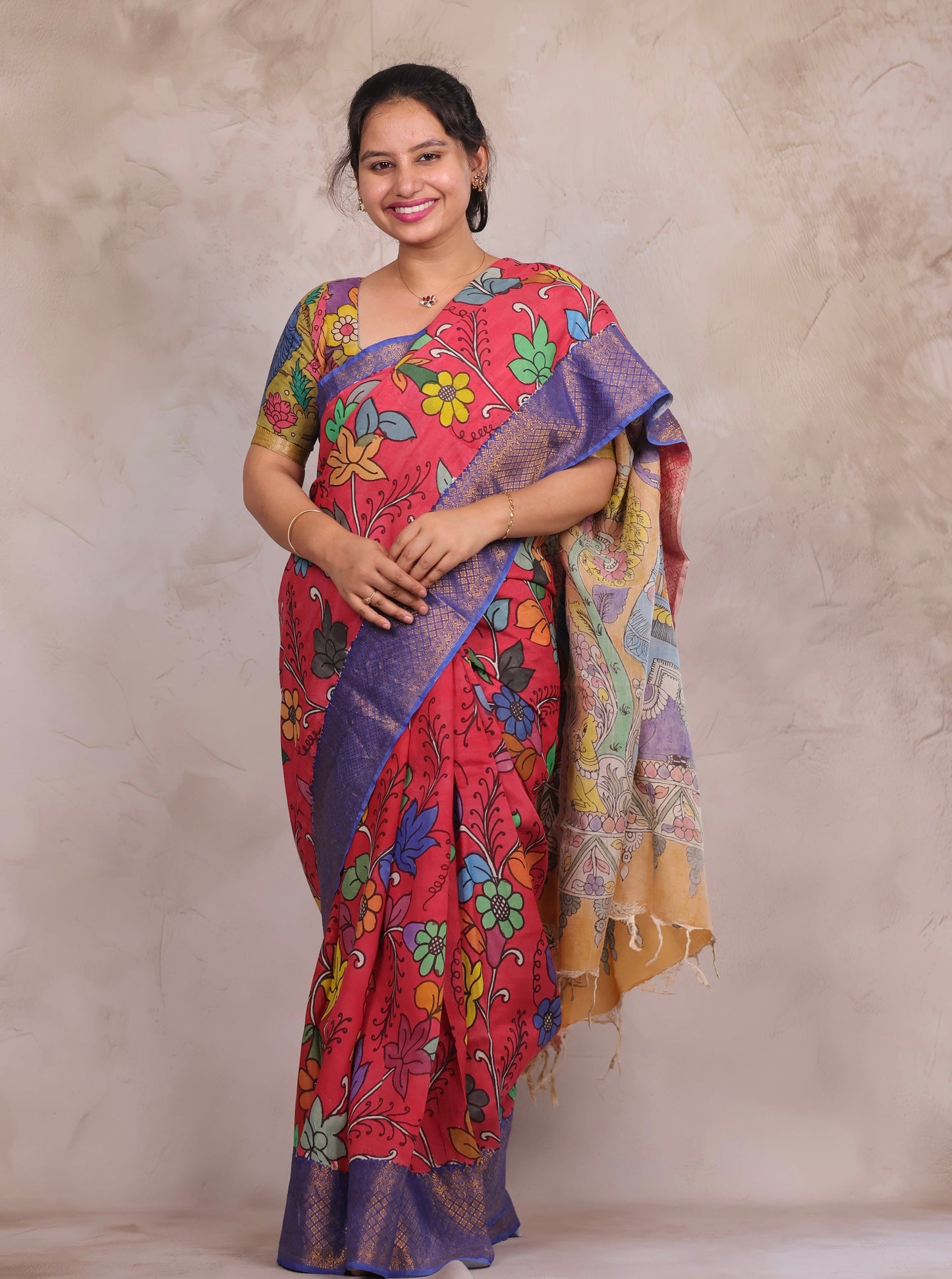 Hand Drawn Pen Kalamkari Pink And Blue Bangalore Silk Kanchi Border Saree