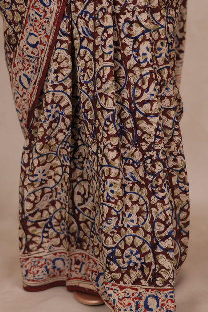 Maroon Hand Block Printed Kalamkari Chennur Silk Saree