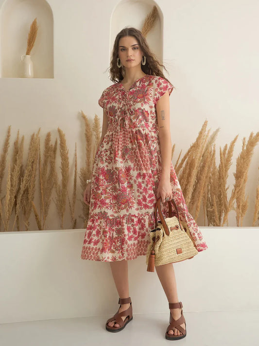 Off-White Printed Cotton A-Line Dress for Women