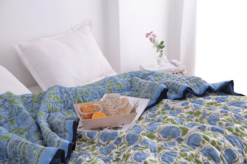 Blue Lotus Handcraft Indian Cotton Block Printed Winter Kantha Quilt