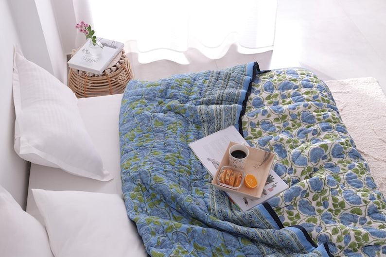 Blue Lotus Handcraft Indian Cotton Block Printed Winter Kantha Quilt