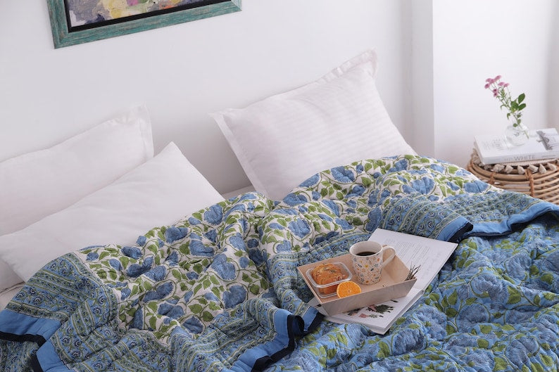 Blue Lotus Handcraft Indian Cotton Block Printed Winter Kantha Quilt