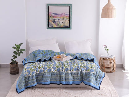 Blue Lotus Handcraft Indian Cotton Block Printed Winter Kantha Quilt