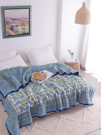 Blue Lotus Handcraft Indian Cotton Block Printed Winter Kantha Quilt