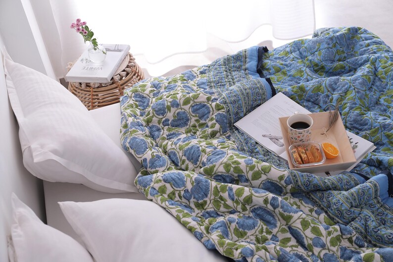 Blue Lotus Handcraft Indian Cotton Block Printed Winter Kantha Quilt