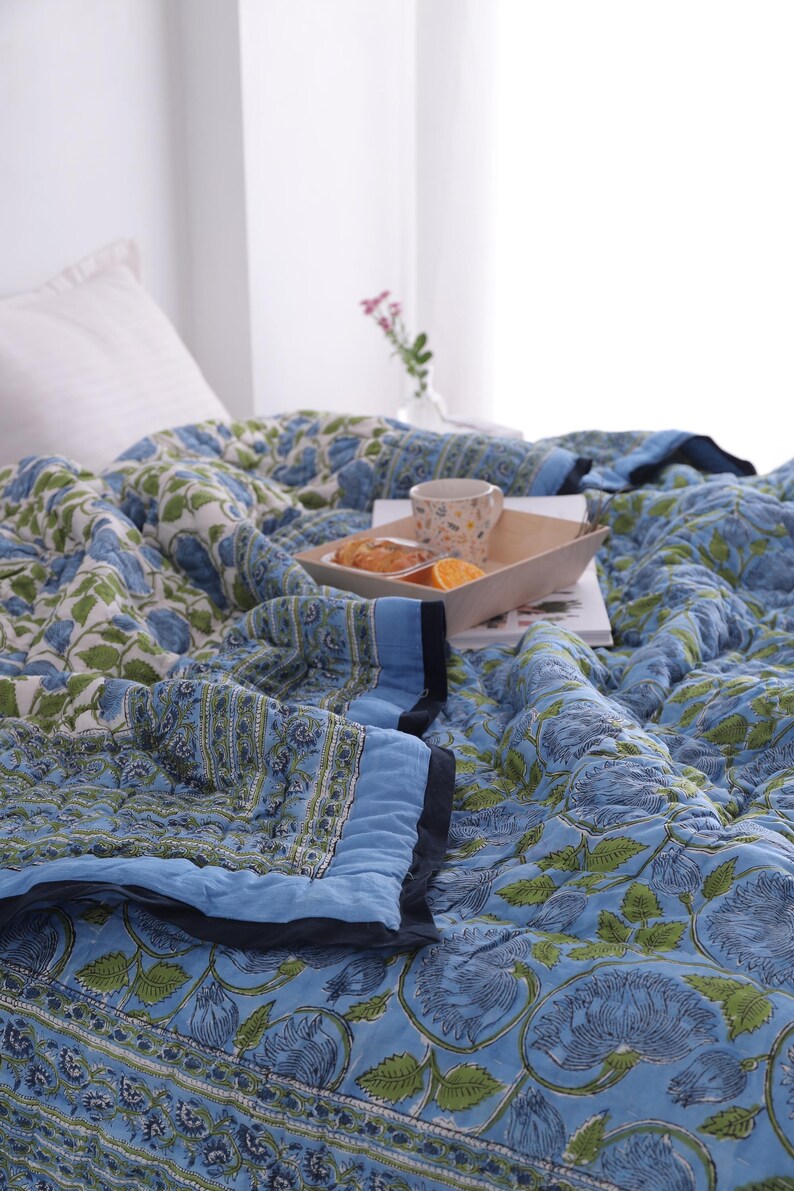 Blue Lotus Handcraft Indian Cotton Block Printed Winter Kantha Quilt