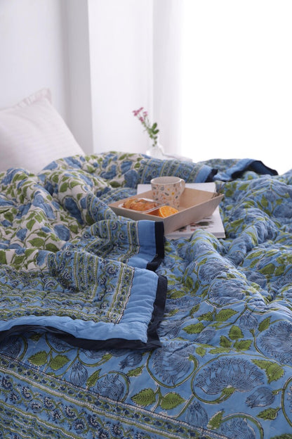 Blue Lotus Handcraft Indian Cotton Block Printed Winter Kantha Quilt