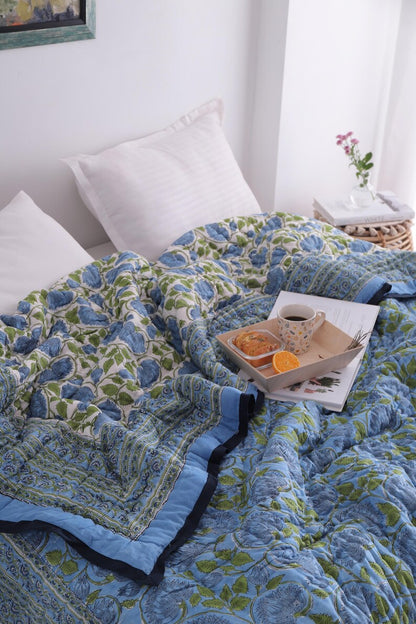 Blue Lotus Handcraft Indian Cotton Block Printed Winter Kantha Quilt