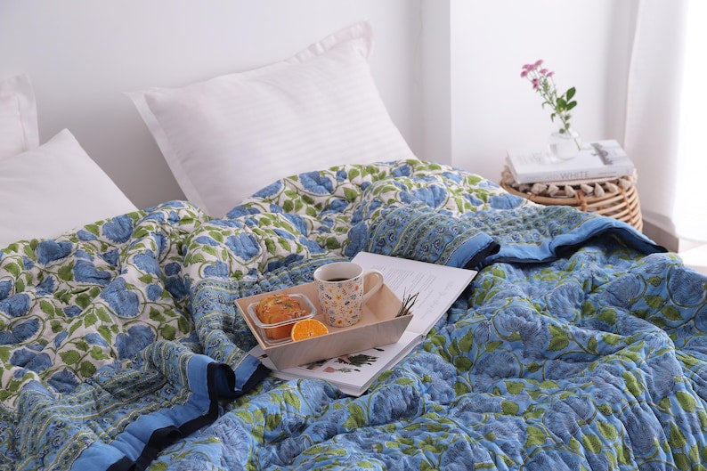 Blue Lotus Handcraft Indian Cotton Block Printed Winter Kantha Quilt