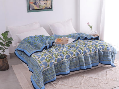 Blue Lotus Handcraft Indian Cotton Block Printed Winter Kantha Quilt