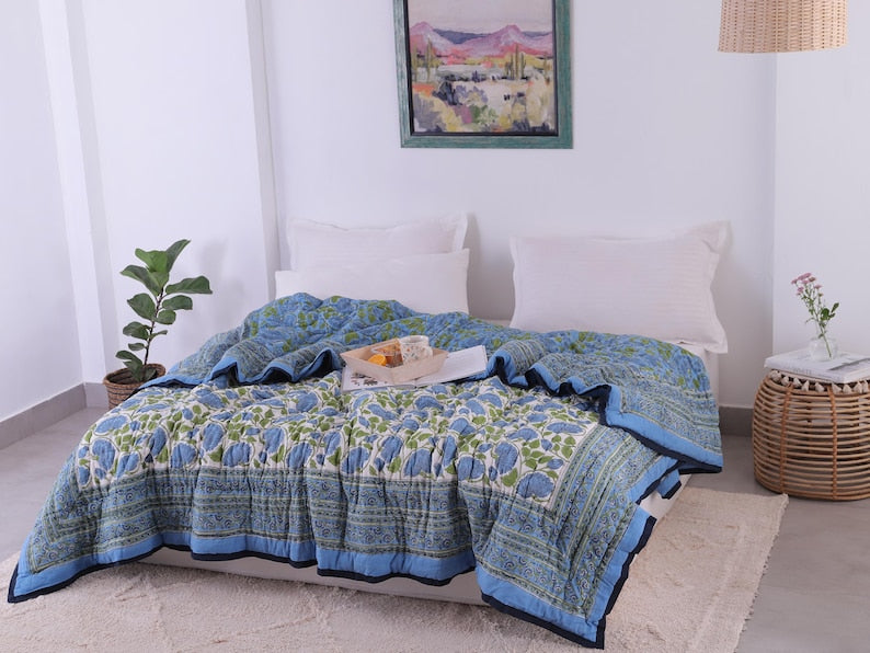 Blue Lotus Handcraft Indian Cotton Block Printed Winter Kantha Quilt