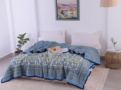 Blue Lotus Handcraft Indian Cotton Block Printed Winter Kantha Quilt
