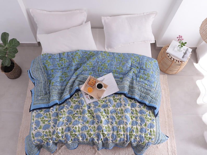 Blue Lotus Handcraft Indian Cotton Block Printed Winter Kantha Quilt