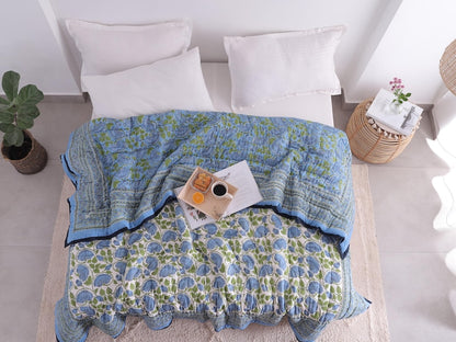 Blue Lotus Handcraft Indian Cotton Block Printed Winter Kantha Quilt