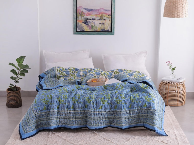 Blue Lotus Handcraft Indian Cotton Block Printed Winter Kantha Quilt
