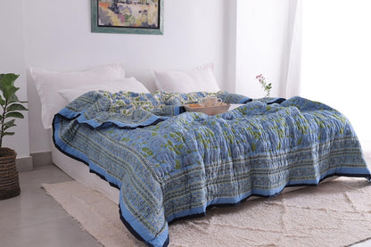 Blue Lotus Handcraft Indian Cotton Block Printed Winter Kantha Quilt