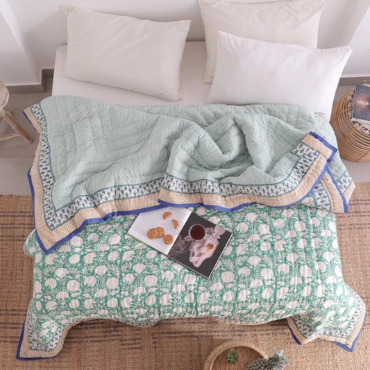 Moss Green Lightweight Cotton Hand Block Reversible Kantha Quilt