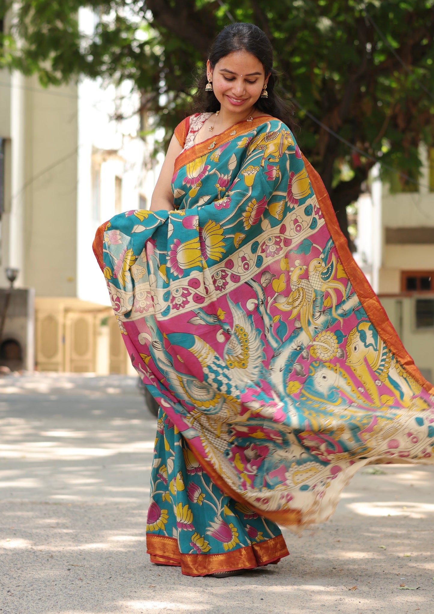 Teal Lotus Hand Block Printed Kalamkari Nizam Border Chennur Silk Saree