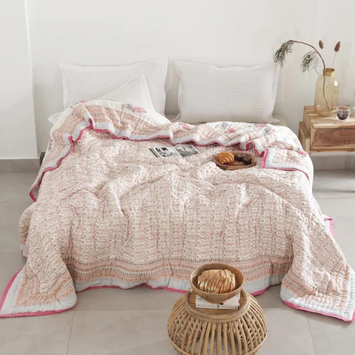 Pastel Pink Indian Jaipuri Traditional Cotton Hand Block Kantha Razai
