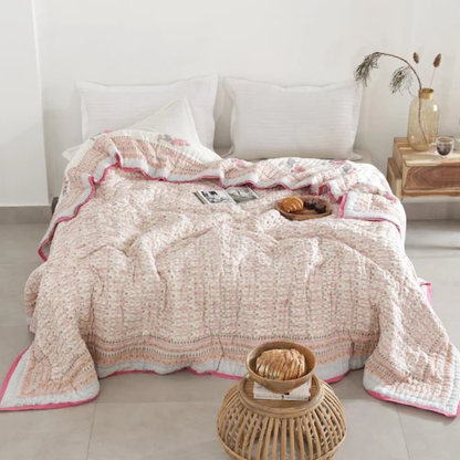 Pastel Pink Indian Jaipuri Traditional Cotton Hand Block Kantha Razai