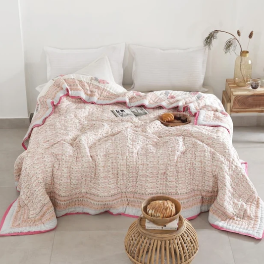 Pastel Pink Indian Jaipuri Traditional Cotton Hand Block Kantha Razai