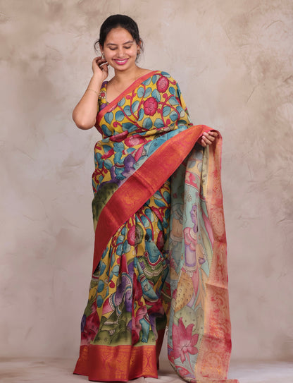 Hand Drawn Pen Kalamkari Yellow And Red's pink Bangalore Silk Kanchi Border Saree