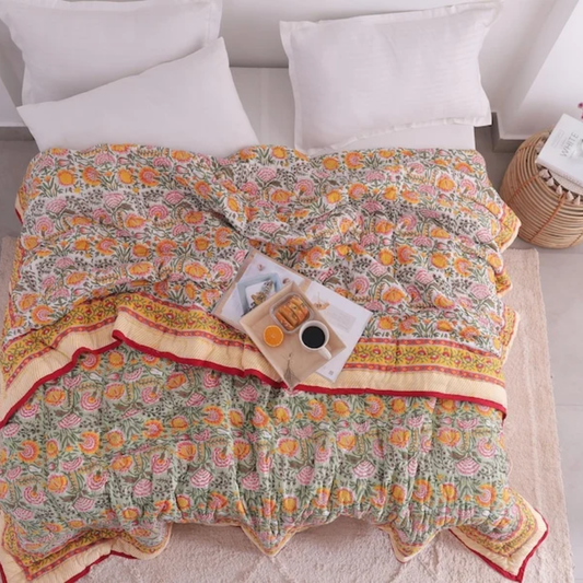 Green, Burnt Orange Handmade Jaipuri Hand Block Cotton Quilt