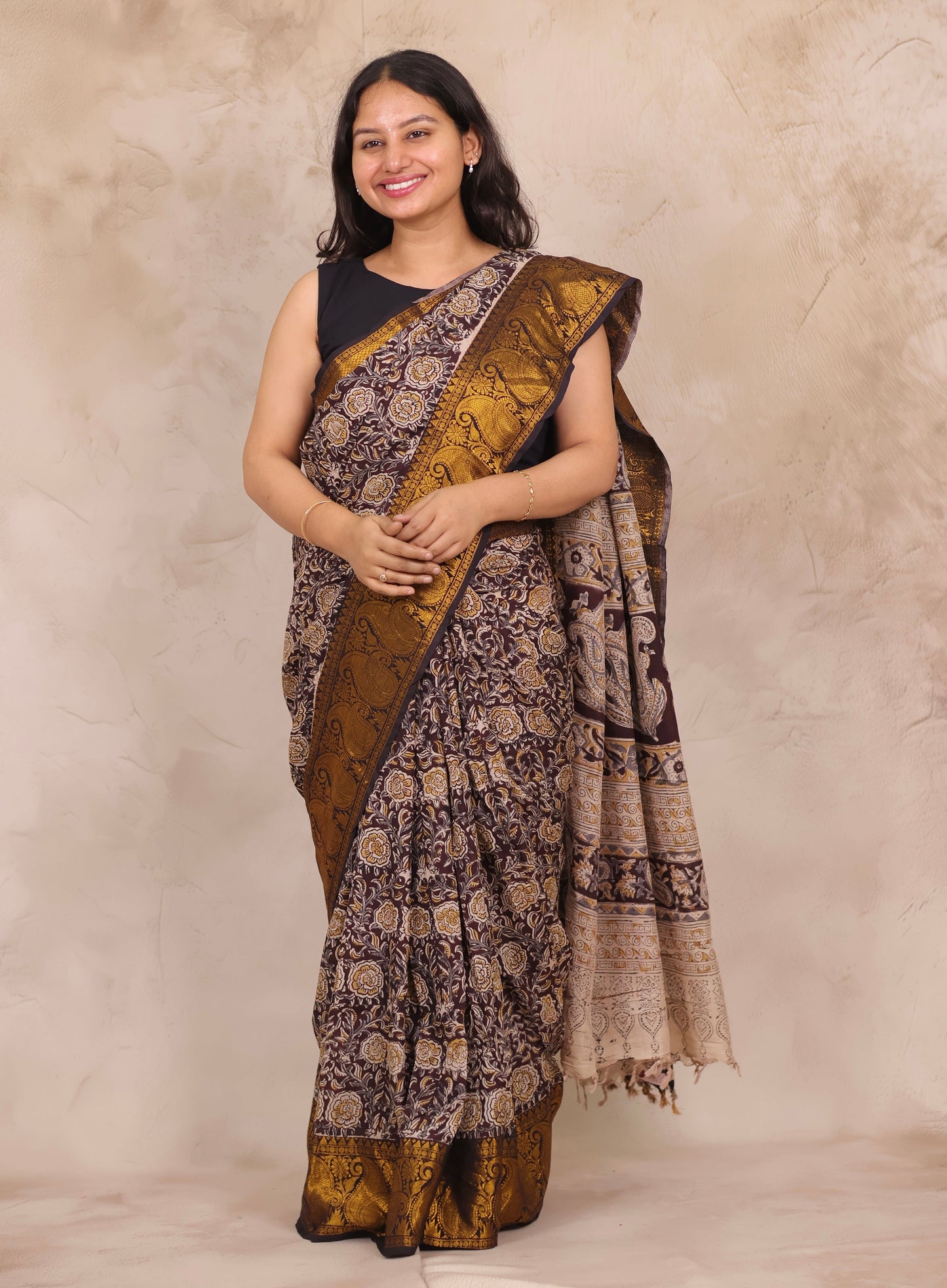 Brown Hand Block Printed Kalamkari Kanchi Border Chennur Silk Saree