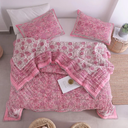 Pink Rose Natural Indian Cotton Reversible Winter Quilt