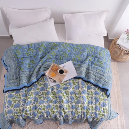 Blue Lotus Handcraft Indian Cotton Block Printed Winter Kantha Quilt