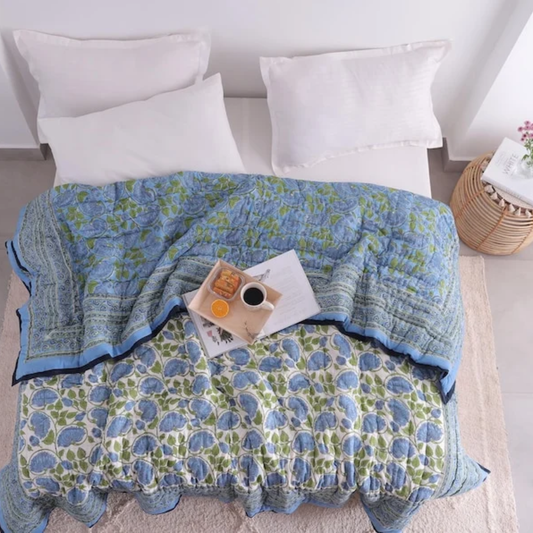 Blue Lotus Handcraft Indian Cotton Block Printed Winter Kantha Quilt