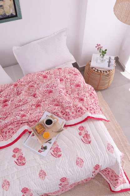 Pink Red Printed Reversible Cotton Duvet Quilt