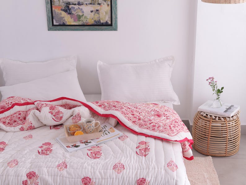 Pink Red Printed Reversible Cotton Duvet Quilt