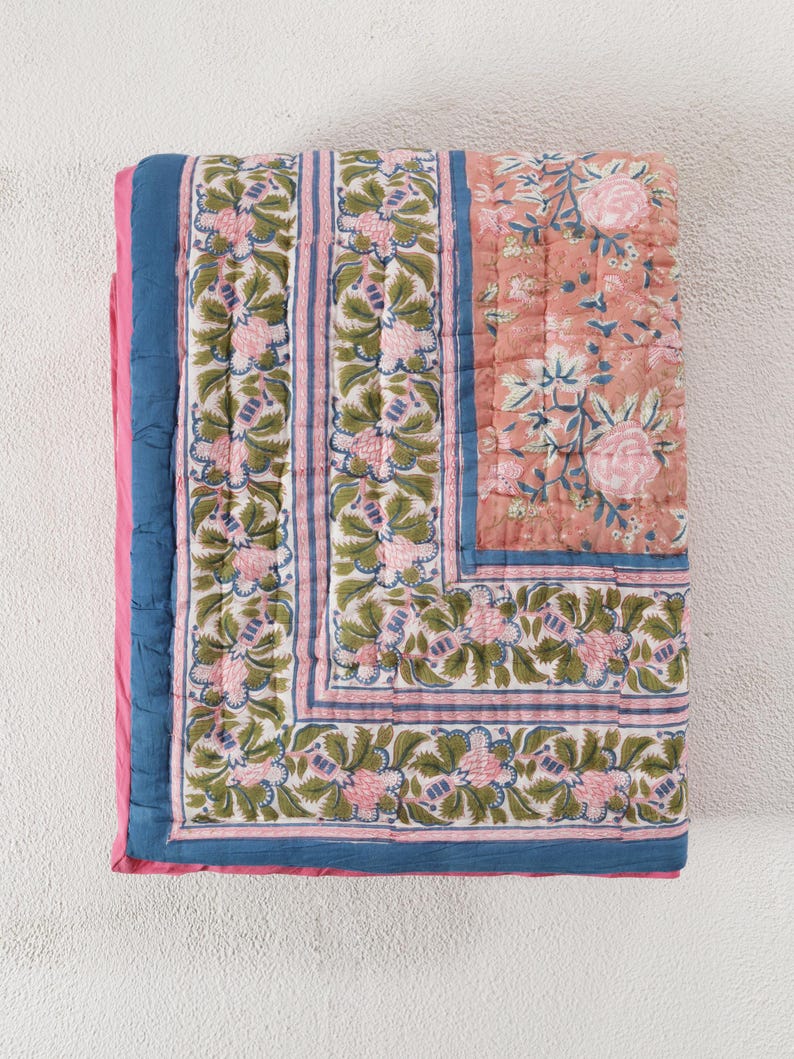 Blue White Indian Jaipuri Block Print Cotton Razai