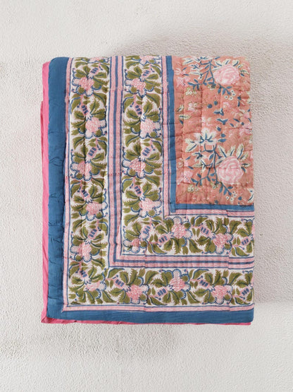 Blue White Indian Jaipuri Block Print Cotton Razai
