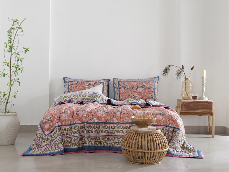 Blue White Indian Jaipuri Block Print Cotton Razai
