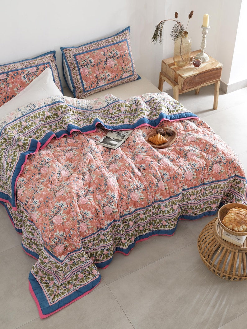 Blue White Indian Jaipuri Block Print Cotton Razai
