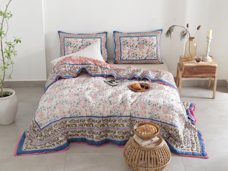 Blue White Indian Jaipuri Block Print Cotton Razai
