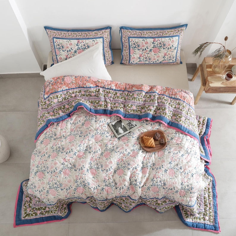 Blue White Indian Jaipuri Block Print Cotton Razai
